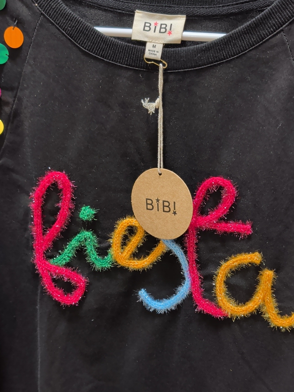 BiBi Black Tee with Multicolor Fiesta Script